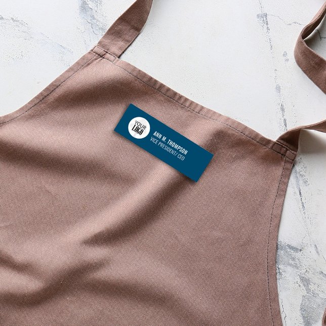 Business Logo Employee Blue Name Name Tag (Simple blue and white employee name badge)