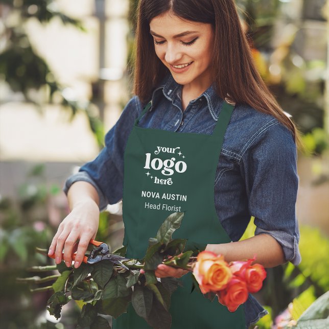 Business Logo Employee Name Job Title Dark Green Apron (Creator Uploaded)