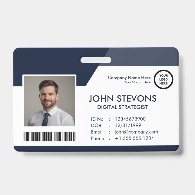 Business Logo Employee Name Navy Blue Qr Code Badge (Front)