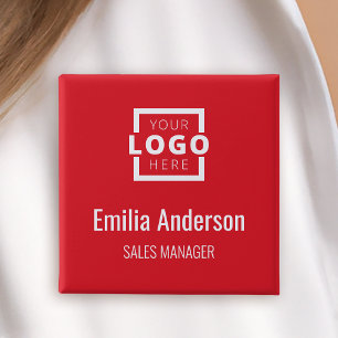 Business Logo Employee Staff Name Badge Red 2 Inch Square Button