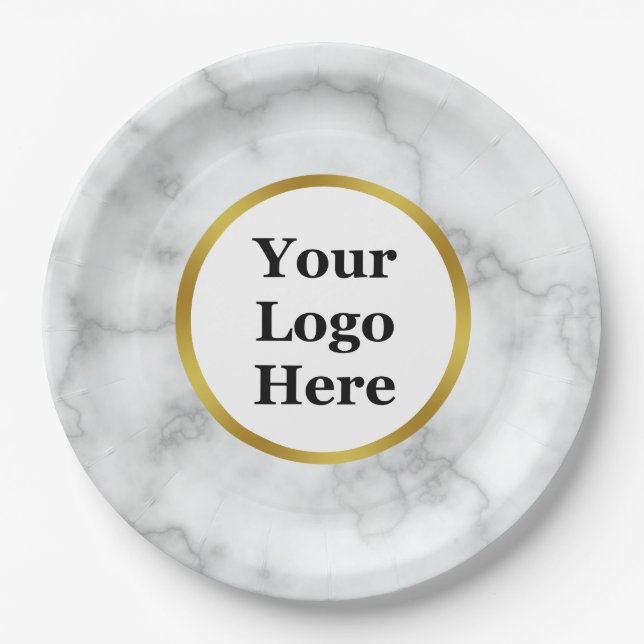 Business Logo Faux Gold & White Marble Paper Plate (Front)