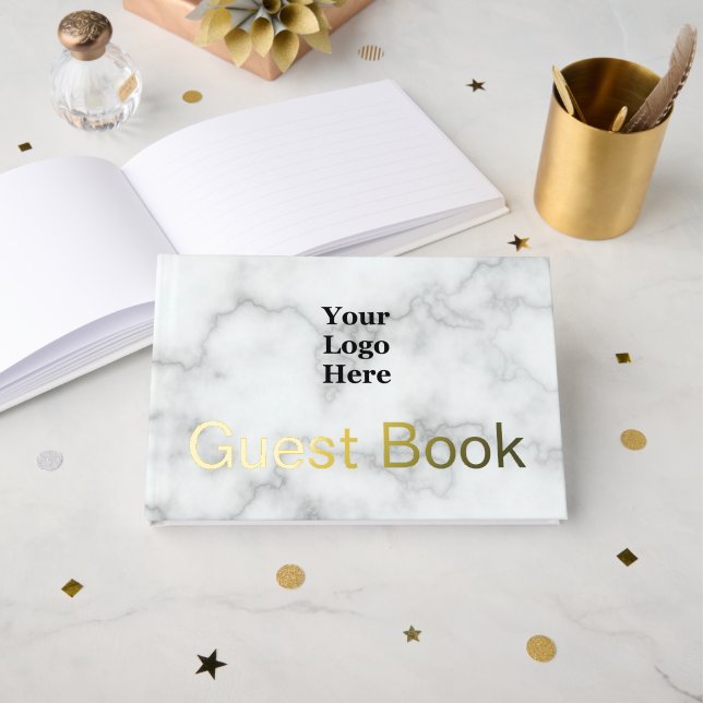 Business Logo Faux White Marble and Gold Text Guest Book (Front Open)