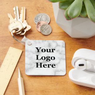 Business Logo Faux White Marble Branded Template Keychain