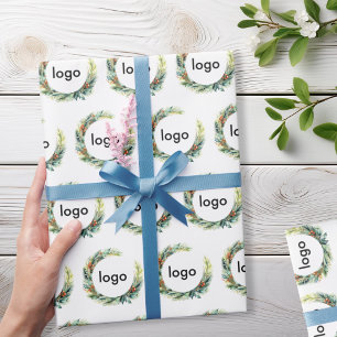 Business Logo Floral Wreath Christmas Wrapping Paper