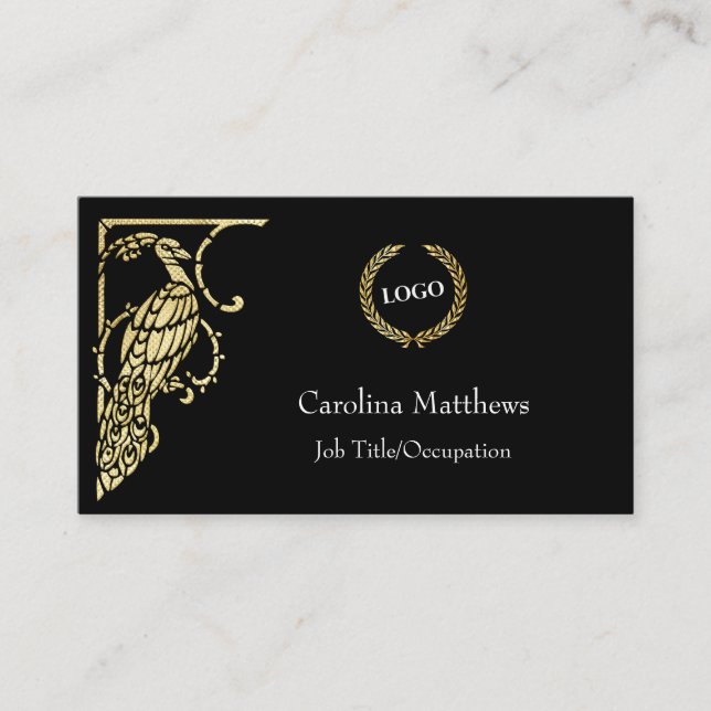 Business Logo Gold Foil Peacock Bird Card (Front)