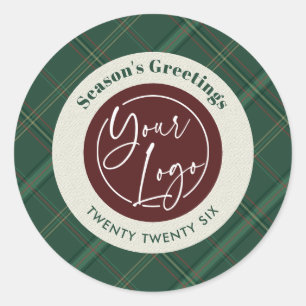 Business Logo Green Plaid Christmas Company Gifts Classic Round Sticker