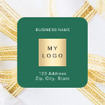 Business logo green white name address square sticker<br><div class="desc">Green background,  white text. Personalize and add your business name,  logo and address or text.</div>