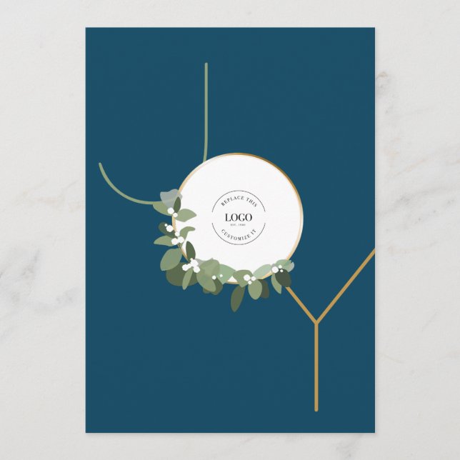 Business Logo Happy Holidays Blue Vertical Joy Holiday Card (Front)