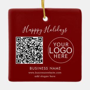 Business Logo Happy Holidays QR Code Branded Ceramic Ornament
