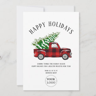 Business Logo Happy Holidays Red Plaid Truck Holiday Card