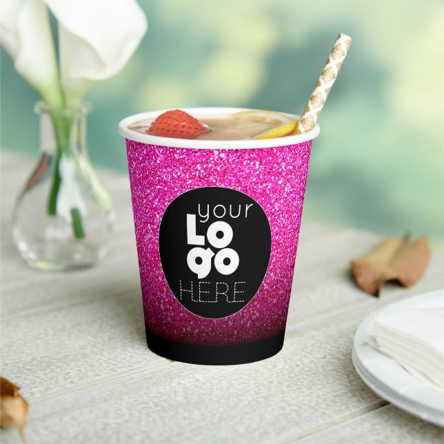 Business Logo Hot Pink Glitter + Black Paper Cups (Insitu)