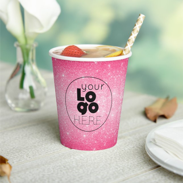 Business Logo Hot Pink Glitter Paper Party Cup (Insitu)