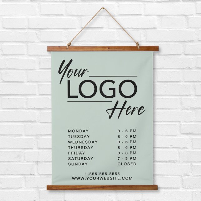 Business Logo Hours Open Sage Green Hanging Tapestry (Creator Uploaded)