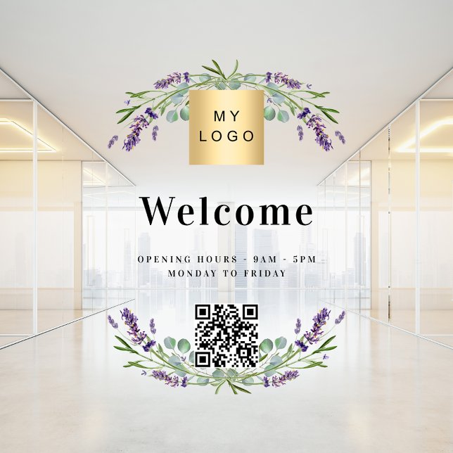 Business logo lavender welcome opening QR code Window Cling (Creator Uploaded)