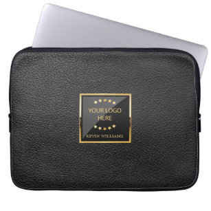 Business Logo Luxury Black Leather Personalized Laptop Sleeve