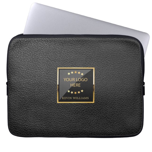 Business Logo Luxury Black Leather Personalized Laptop Sleeve (Front)
