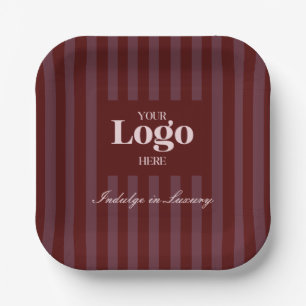 Business Logo Luxury Burgundy Stripes Paper Plate