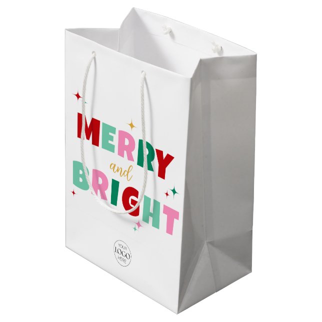 Business Logo Merry & Bright Colourful Typography Medium Gift Bag (Back Angled)