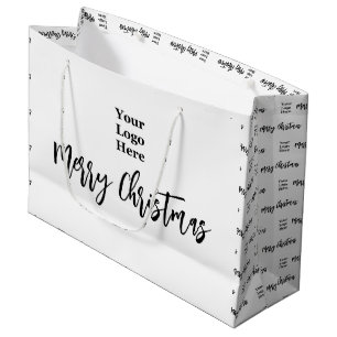 Business Logo Merry Christmas Script Black & White Large Gift Bag