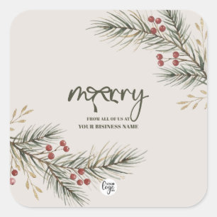 Business Logo Merry Elegant Bow Pine Branches Square Sticker