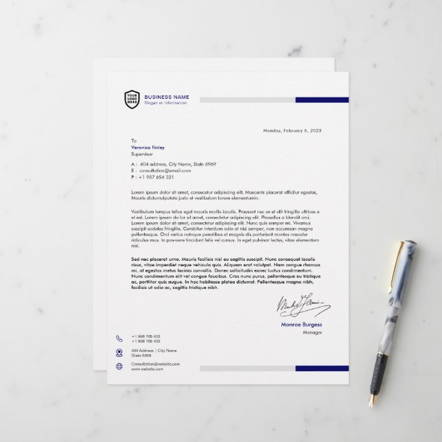 Business Logo | Minimalist Deep Blue Signature Letterhead (Front/Back In Situ)