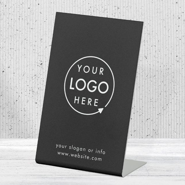 Business Logo | Modern Black Professional Branded Pedestal Sign (Sleek black company branded professional tabletop signs for small business promotion.)