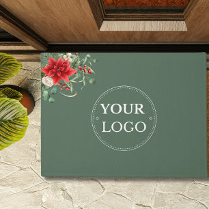 Business Logo Modern Christmas Floral Green  Doormat