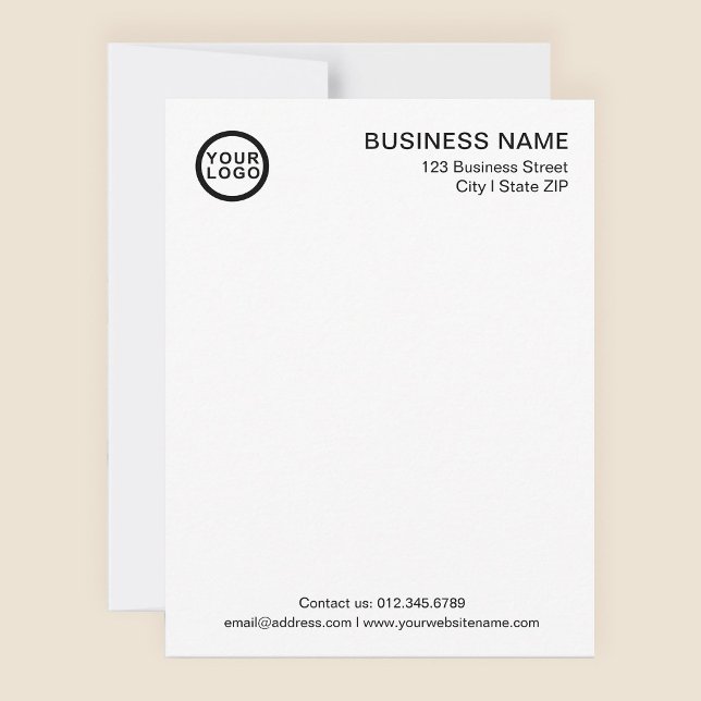 Business Logo Modern Classic White Note Card (Stylishly Personalize with Your Custom Logo, Business Name & Contact Information.)
