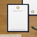 Business Logo Modern Luxe Navy Border Letterhead<br><div class="desc">A luxurious custom business letterhead template in a modern style with a stylish navy blue border which can be easily updated with your company logo and letterhead footer including your company's name, address and contact information. The back features the logo in the lower thirds for continuity in the design. Each...</div>