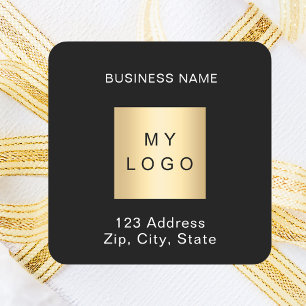 Business logo name address black white square sticker
