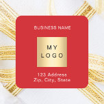Business logo name address red white square sticker<br><div class="desc">Red background,  white text. Personalize and add your business name,  logo and address or text.</div>