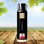 Business logo name photo black water bottle<br><div class="desc">A classic black background.  Personalize and add your business logo,  name and a profile photo.  White text.</div>