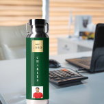 Business logo name photo emerald green water bottle<br><div class="desc">An emerald green background.  Personalize and add your business logo,  name and a profile photo.</div>