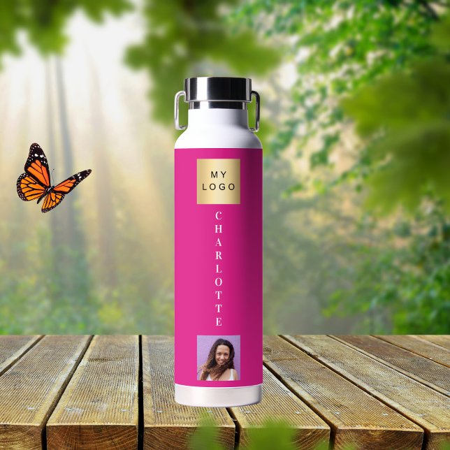 Business logo name photo hot pink water bottle (Creator Uploaded)