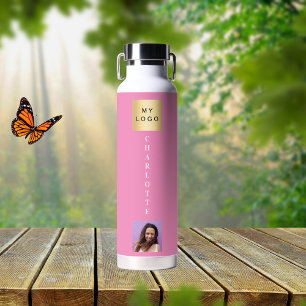 Business logo name photo pink water bottle