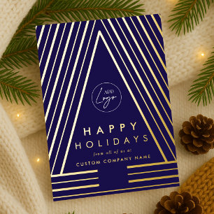 Business Logo Navy Blue & Gold Geometric Christmas Foil Holiday Card