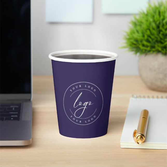 Business Logo | Navy Blue & Gold Minimal Custom Paper Cups (Insitu)
