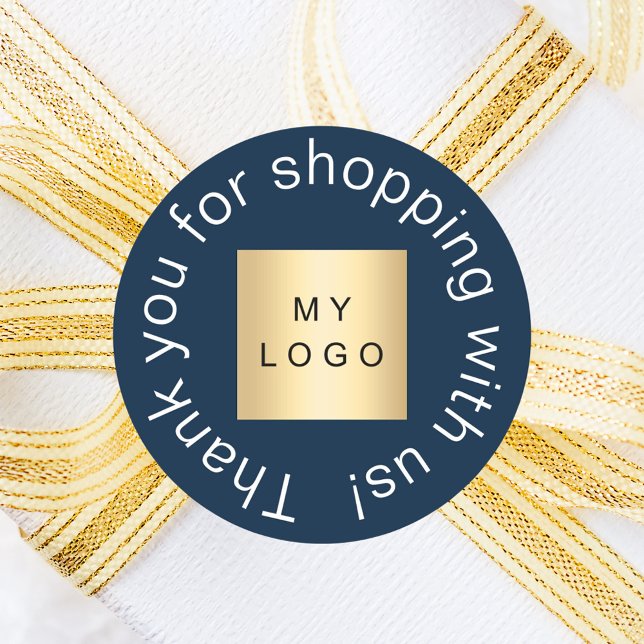 Business logo navy blue thank you classic round sticker (Creator Uploaded)