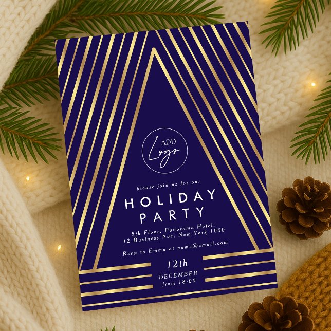 Business Logo Navy & Gold Christmas Staff Party Invitation (Modern navy blue and gold Holiday Party Company Logo Invitation)
