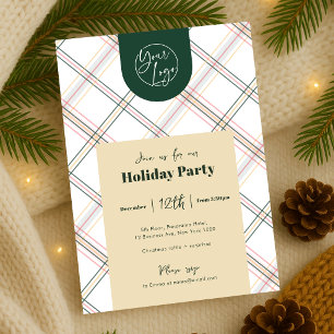 Business Logo Neutral Plaid Christmas Staff Party Invitation
