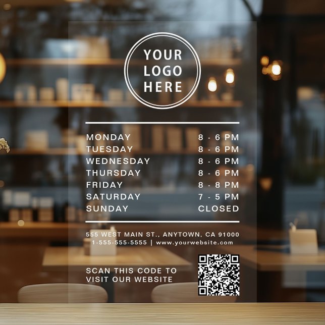 Business Logo Open Hours QR Code White Lettering Window Cling (Business Logo Open Hours QR Code White Lettering Window Cling)