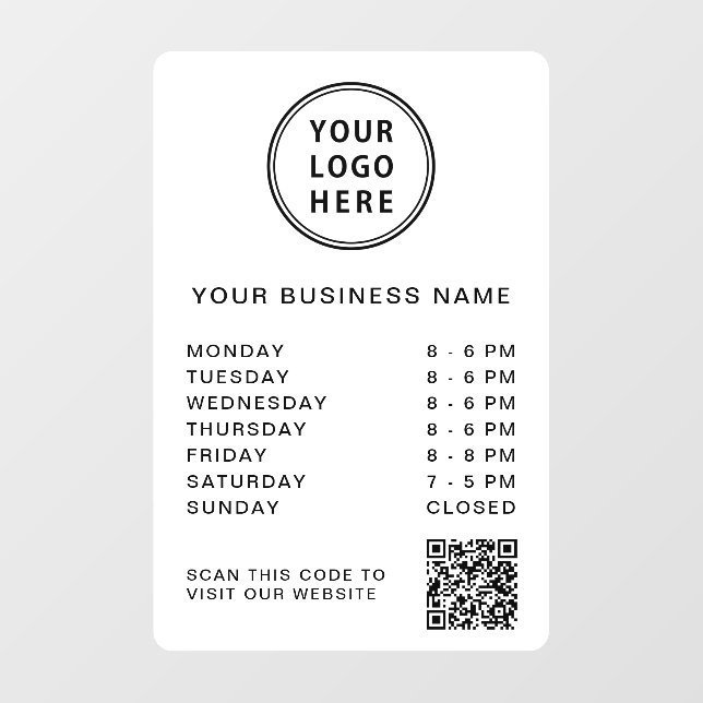 Business Logo Open Hours QR Code White Window Cling (Sheet)