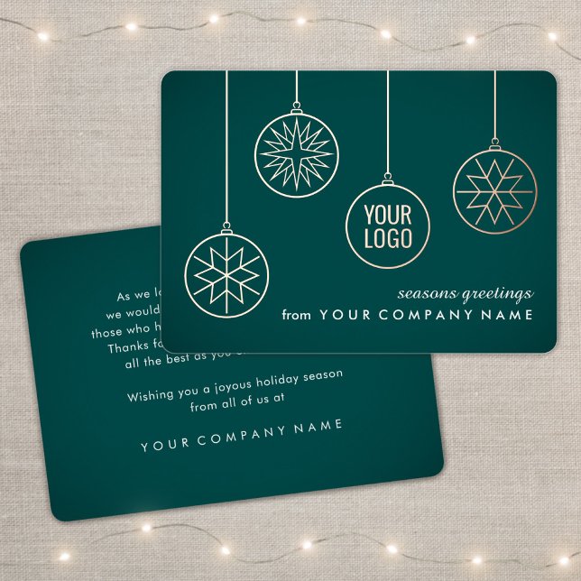 Business Logo Ornaments Teal Green Christmas Foil Holiday Card (Creator Uploaded)
