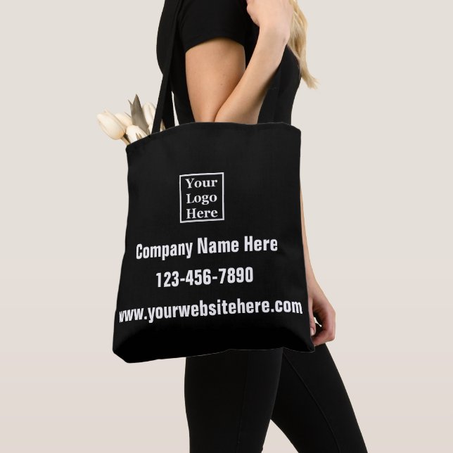 Business Logo Phone Website Contact Info Black Tote Bag (Close Up)