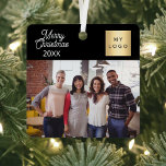 Business logo photo black Christmas Metal Ornament<br><div class="desc">Classic black background colour,  white text.  Text: Merry Christmas.  Personalize and add you business logo,  photo and a year.</div>