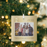 Business logo photo gold thank you Christmas Glass Ornament<br><div class="desc">Personalize and add your own photo of your business team,  coworkers,  employees. With the text: Thank you for being part of our team.  A faux gold looking background. Personalize and add your own photo. Template for a year and your logo.
Perfect as a favour or reward for your employees.</div>
