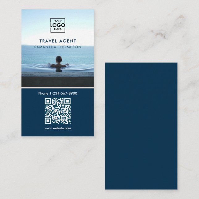 Business Logo Photo QR Code Modern Blue Business Card (Front/Back)