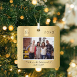 Business logo photo thank you gold Christmas Metal Ornament<br><div class="desc">Personalize and add your own photo of your business team,  coworkers,  employees. With the text: Thank you for being part of our team. A faux gold looking background. Personalize and add your own photo. Template for a year and your logo.
Perfect as a favour or reward for your employees.</div>