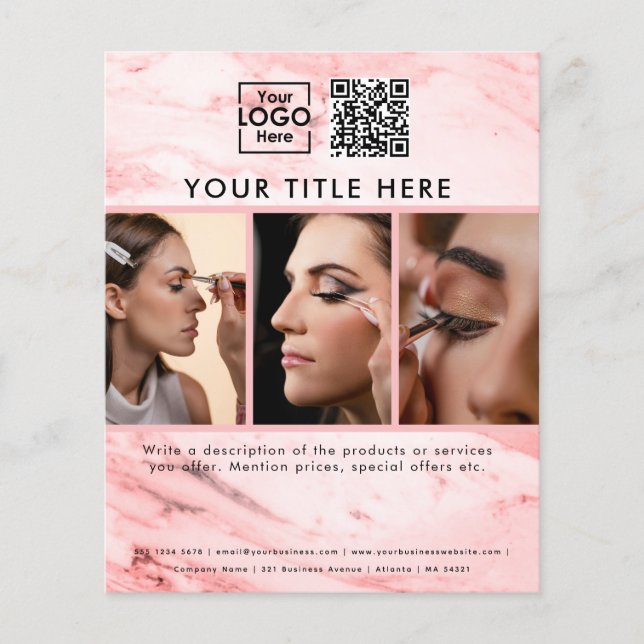 Business Logo Pink Marble 3 Photos QR Code Flyer (Front)