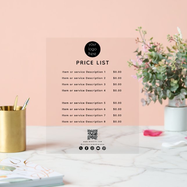 Business Logo Price List QR Code Social Media  Acrylic Sign (Wedding)